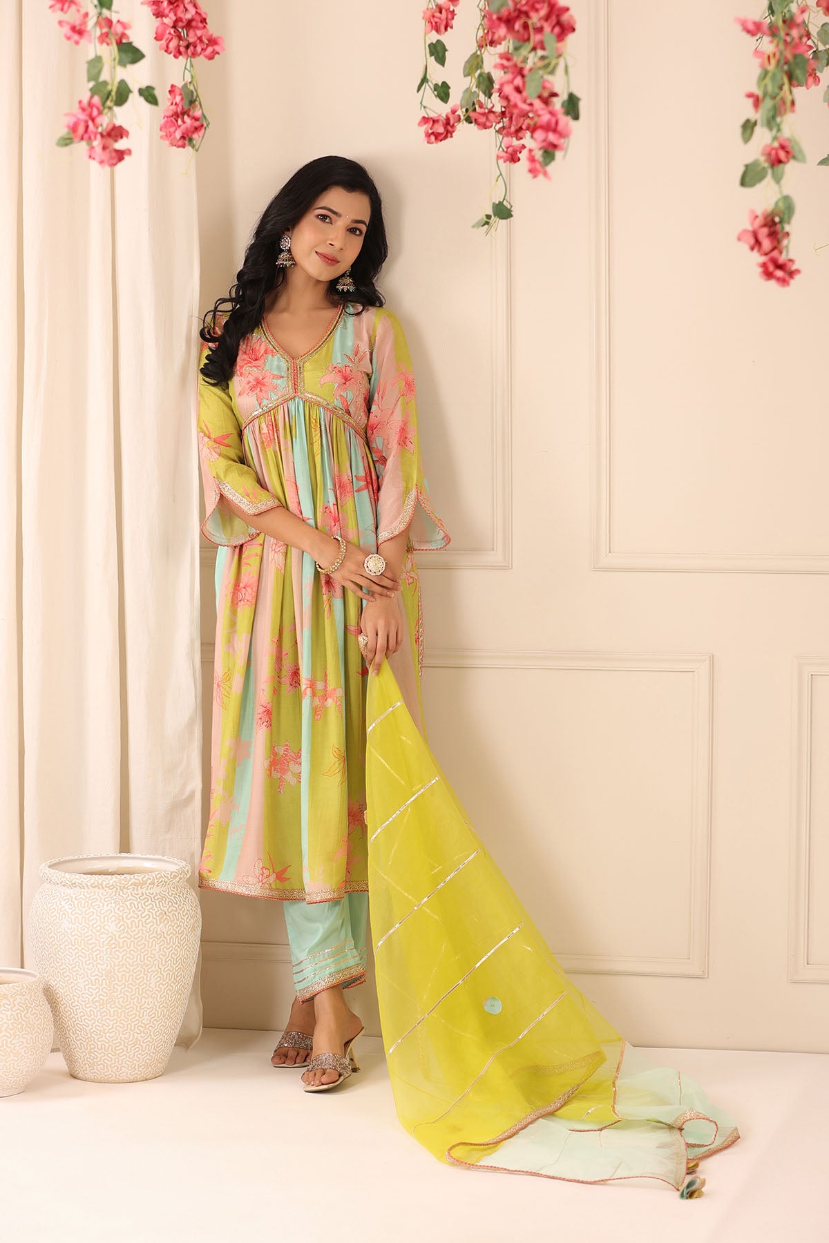 Green Multicolor Muslin Handwork Suit Set