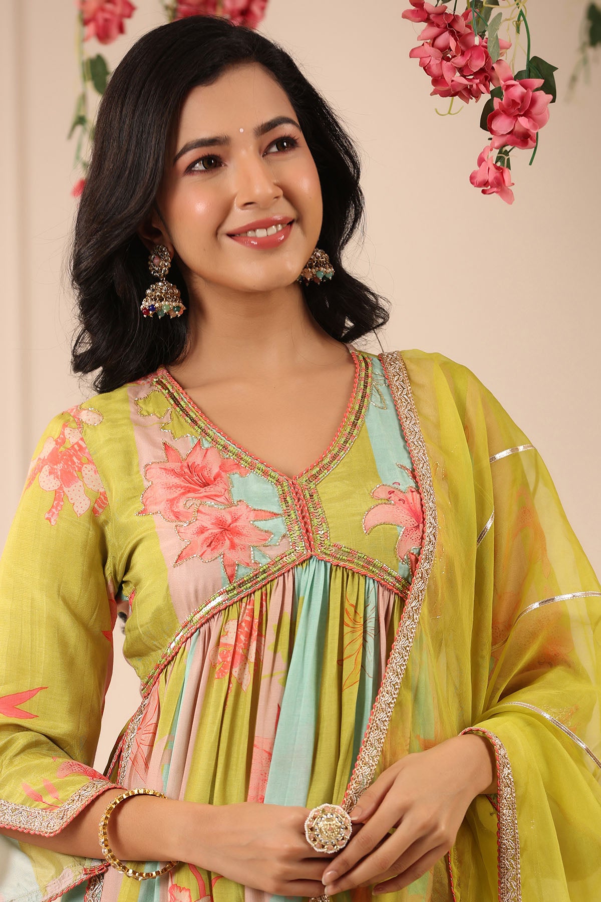 Green Multicolor Muslin Handwork Suit Set