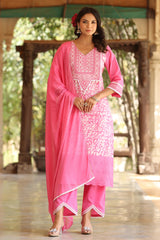 Pink Embroidered Printed Cotton Suit Set