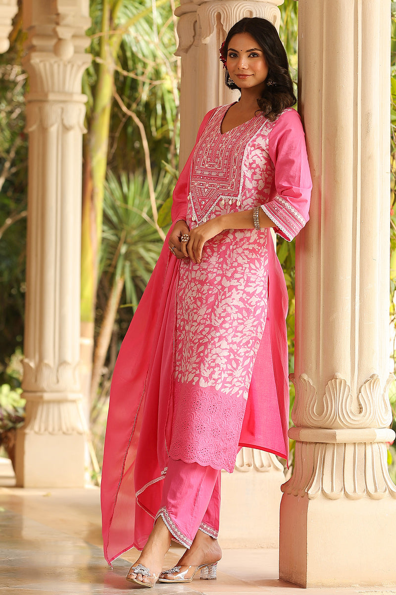 Pink Embroidered Printed Cotton Suit Set