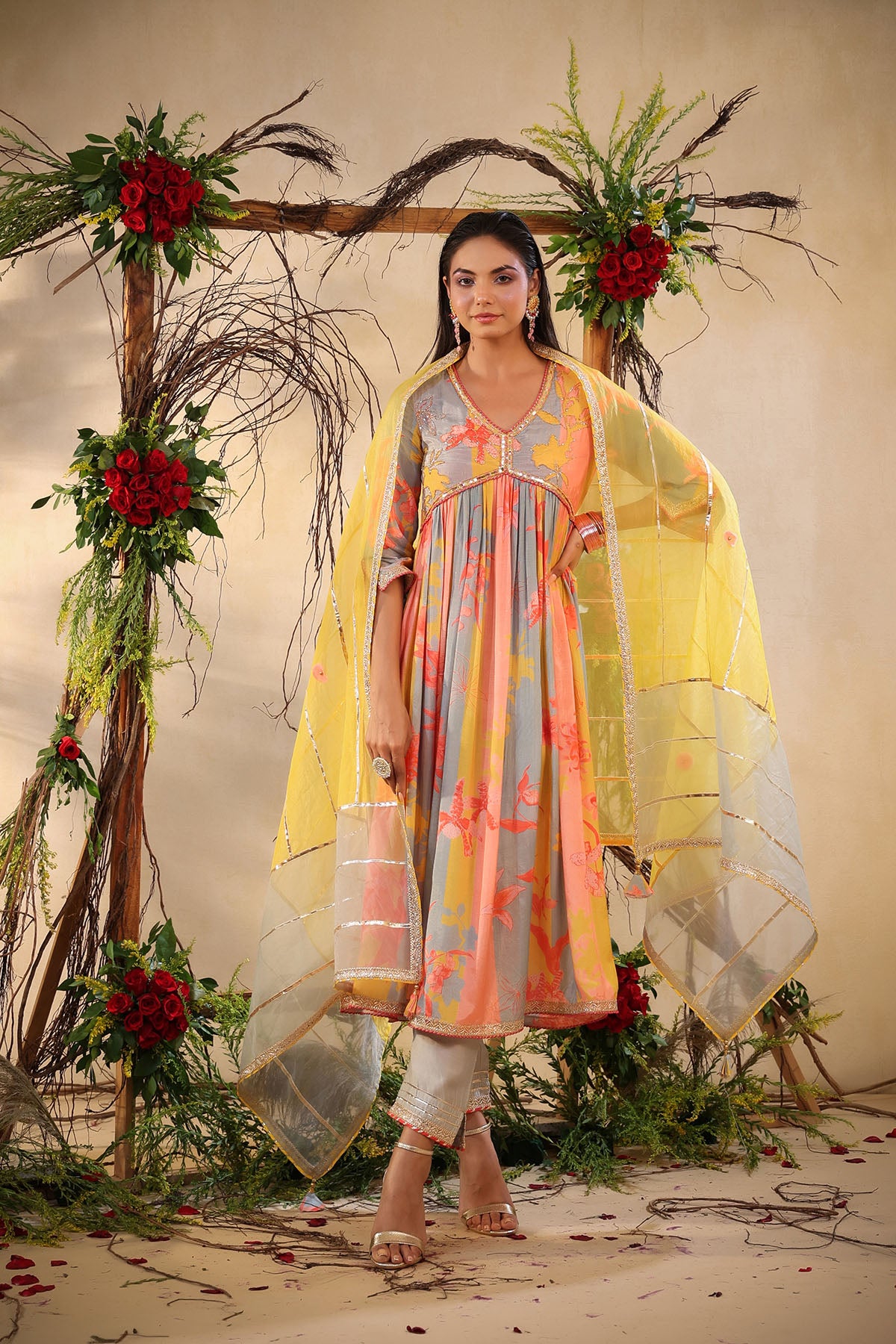 Yellow Multicolor Muslin Handwork Suit Set