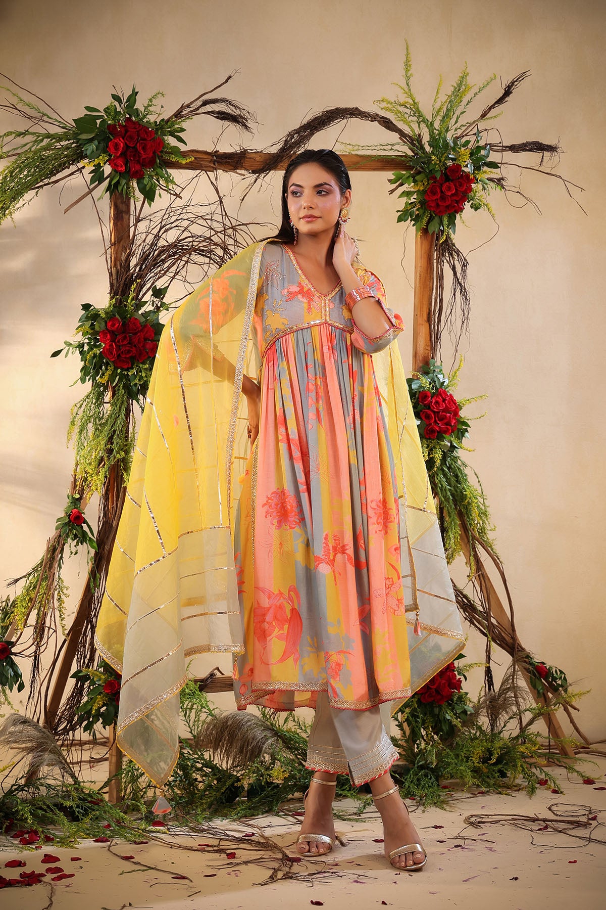 Yellow Multicolor Muslin Handwork Suit Set