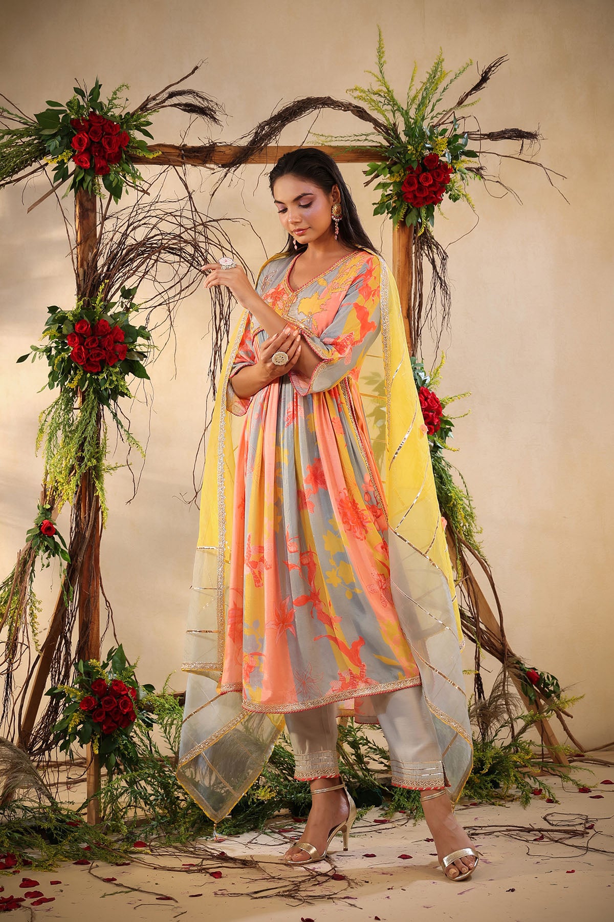 Yellow Multicolor Muslin Handwork Suit Set