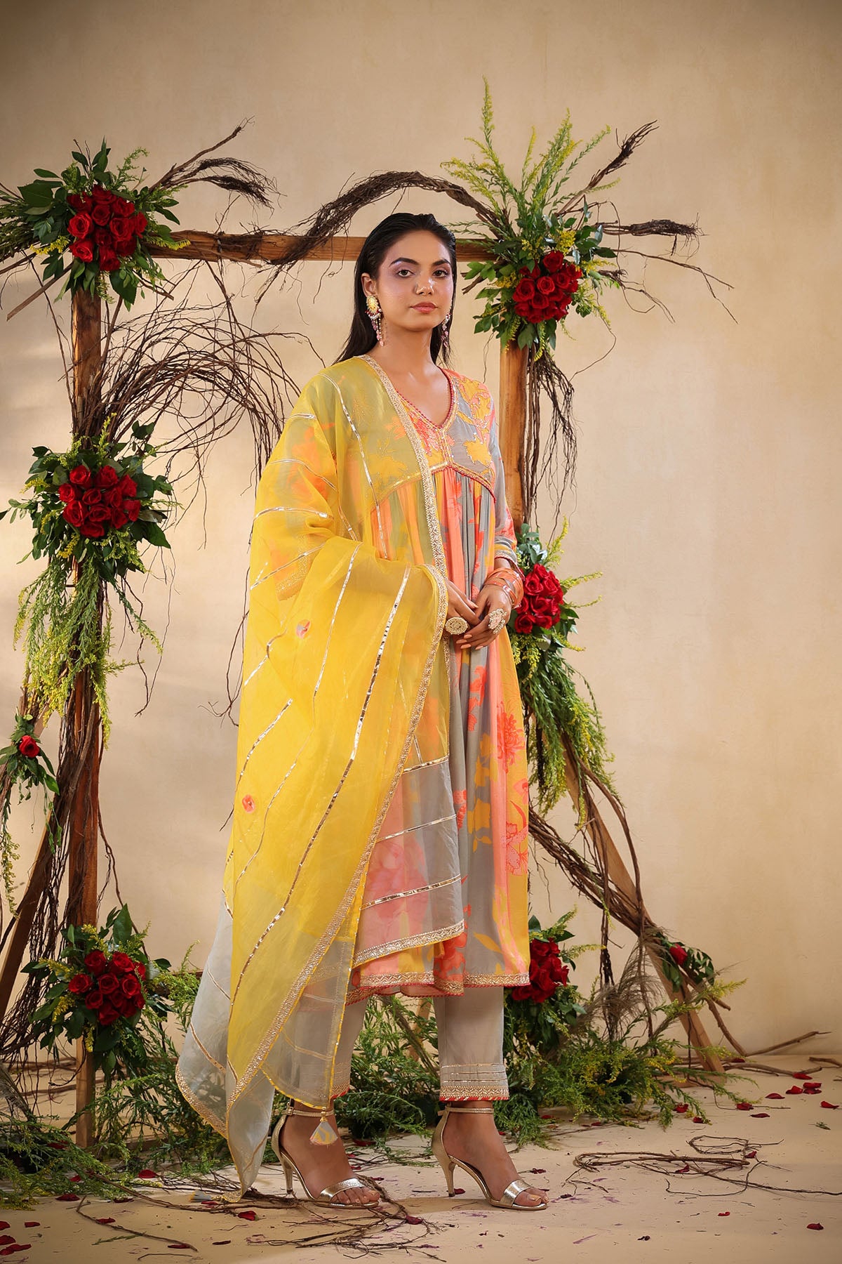 Yellow Multicolor Muslin Handwork Suit Set