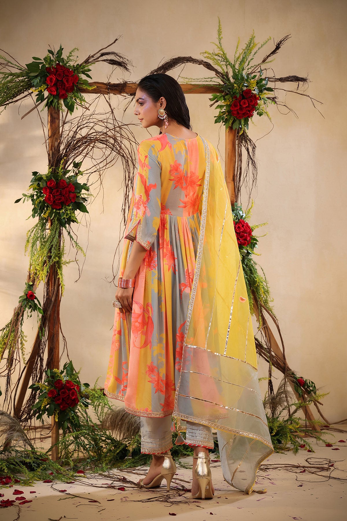 Yellow Multicolor Muslin Handwork Suit Set