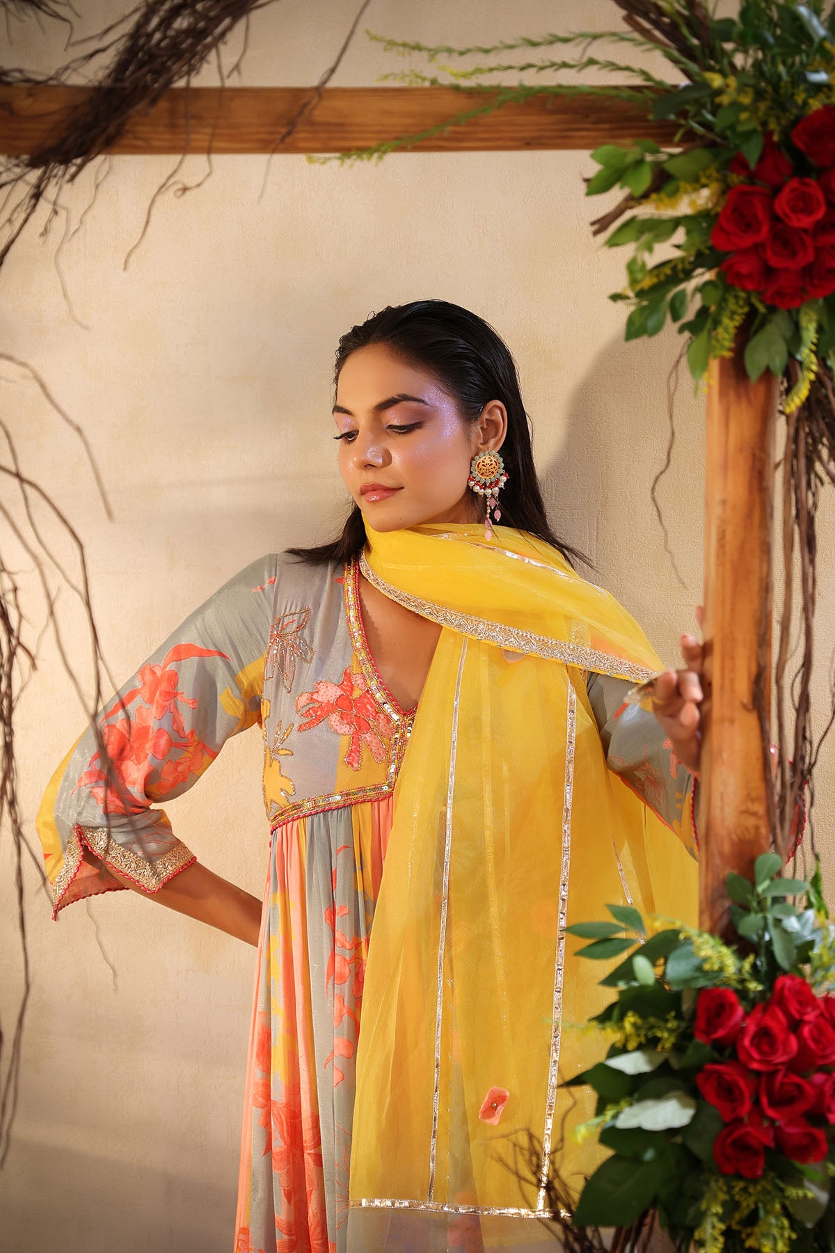 Yellow Multicolor Muslin Handwork Suit Set