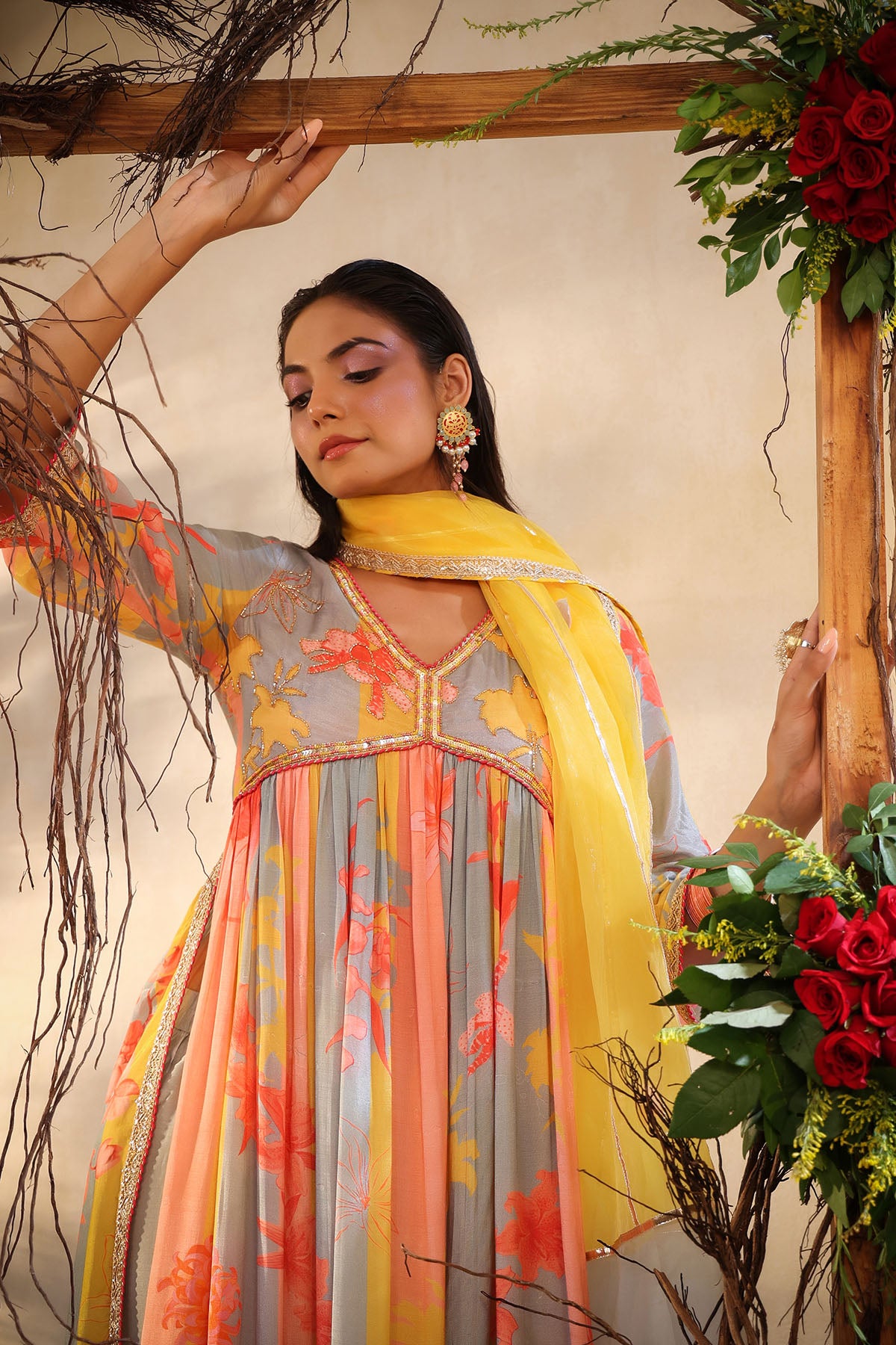 Yellow Multicolor Muslin Handwork Suit Set