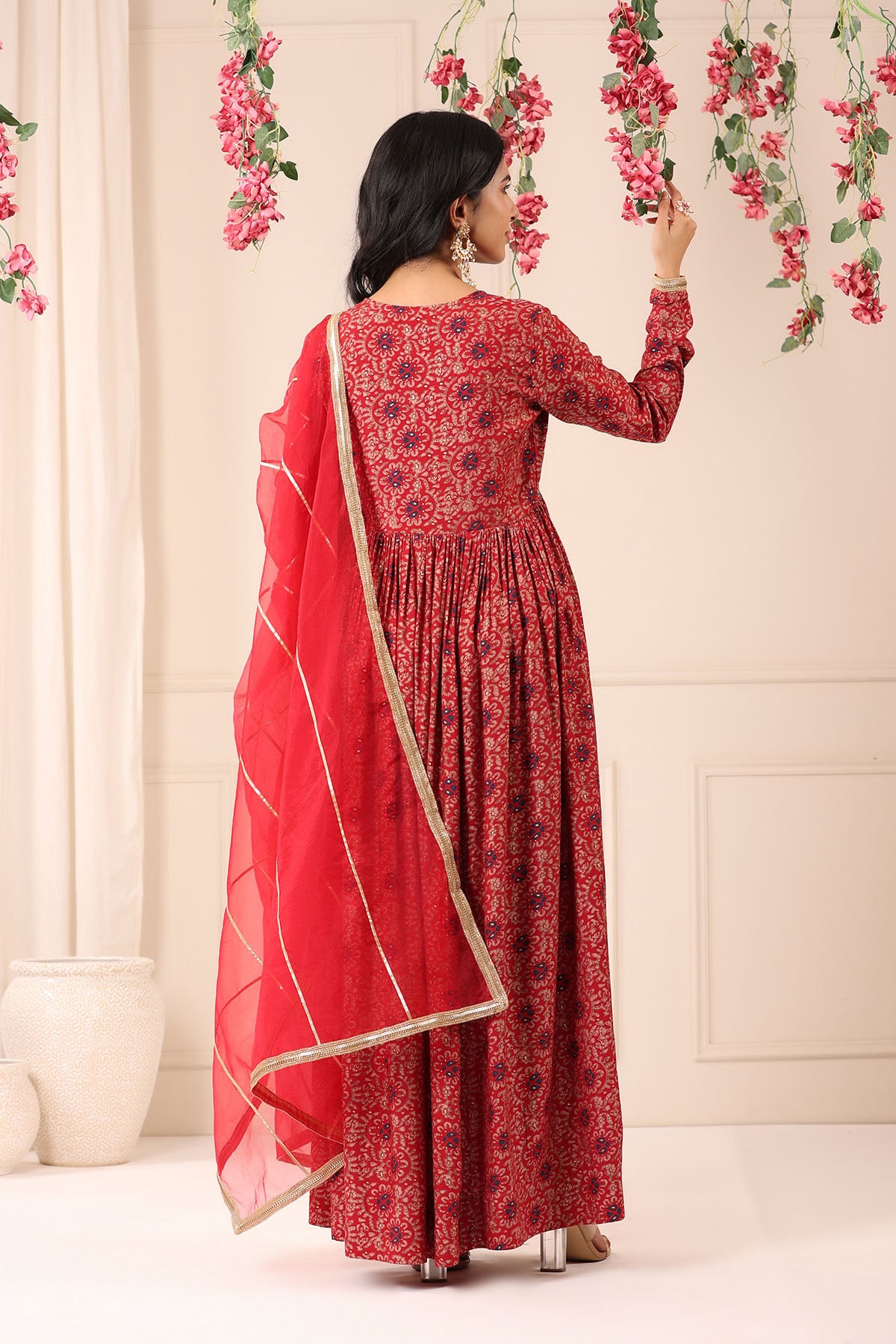 Red Muslin Handwork Gown Set