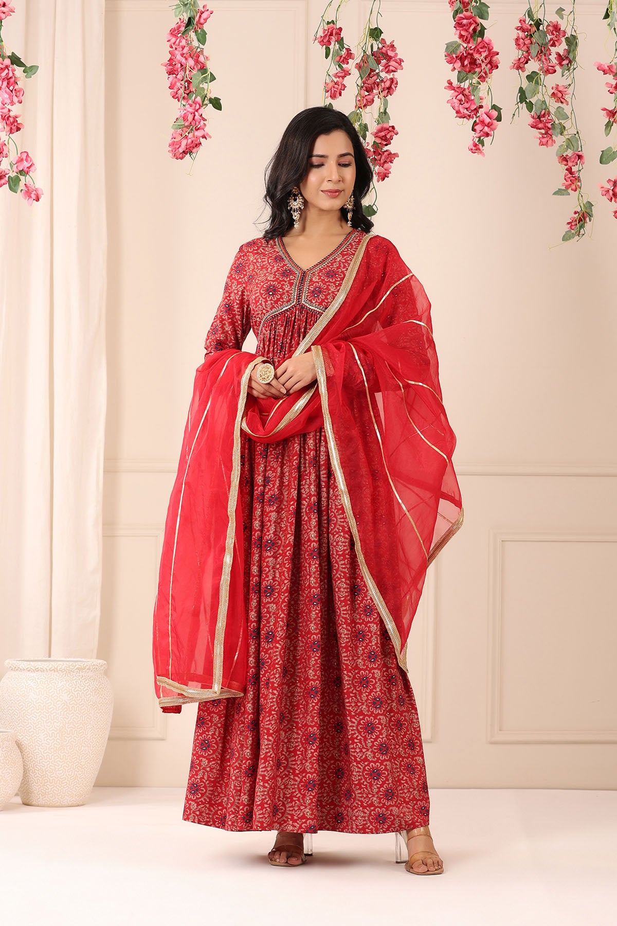 Red Muslin Handwork Gown Set