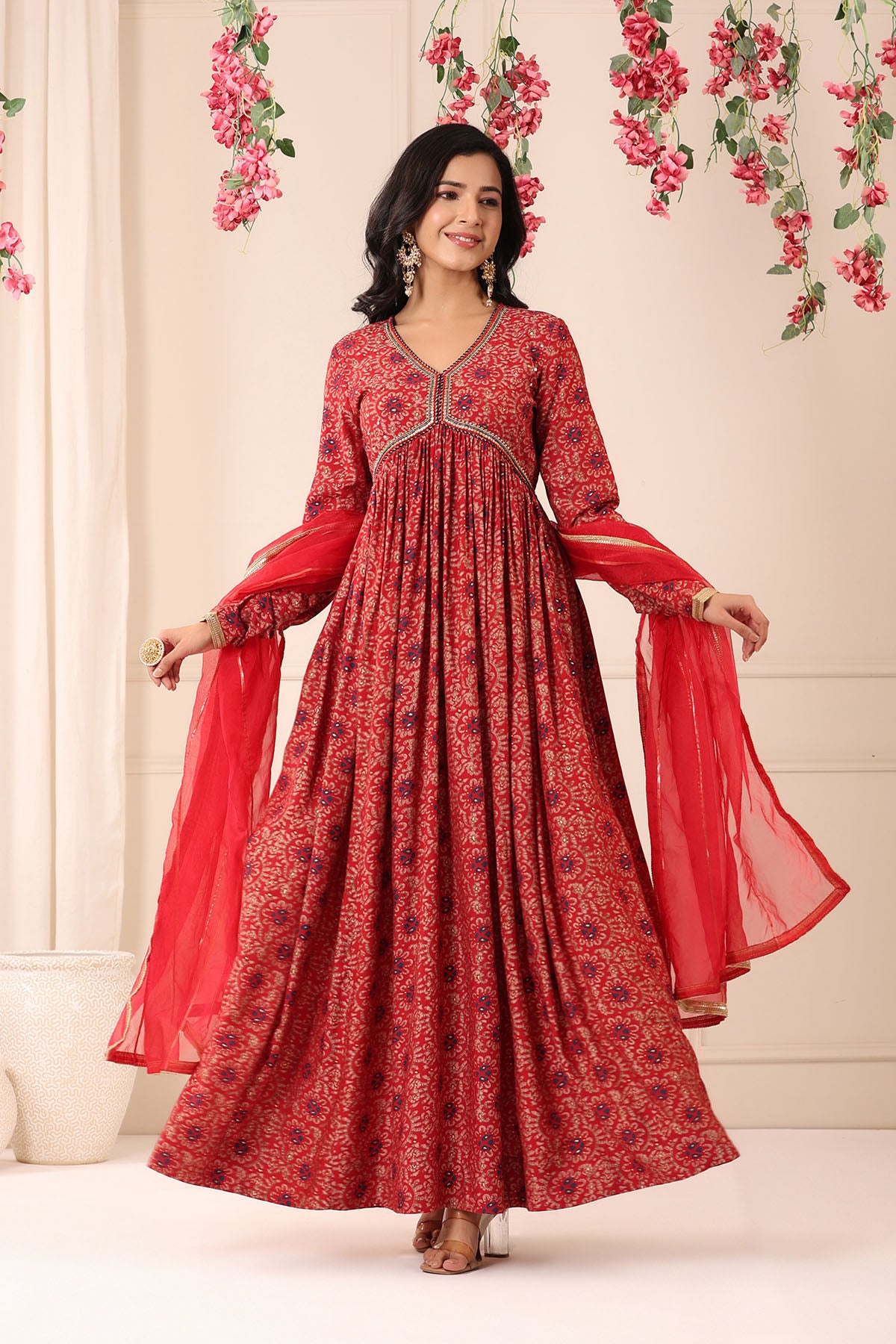 Red Muslin Handwork Gown Set