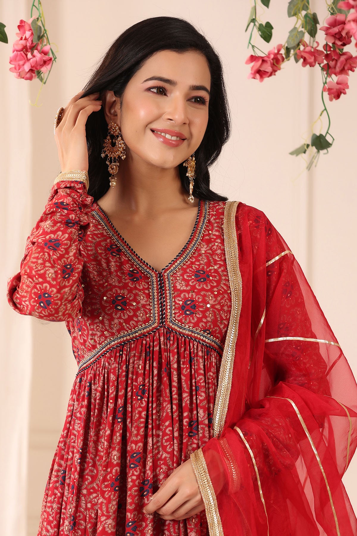 Red Muslin Handwork Gown Set
