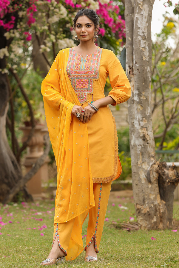 Mustard Embroidered Cotton Suit Set