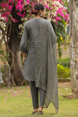 Grey Embroidered Cotton Suit Set