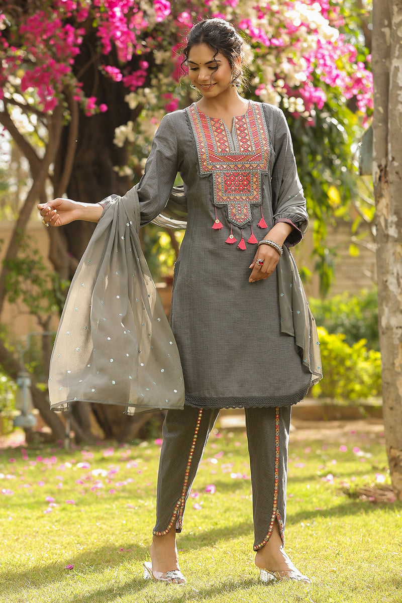 Grey Embroidered Cotton Suit Set