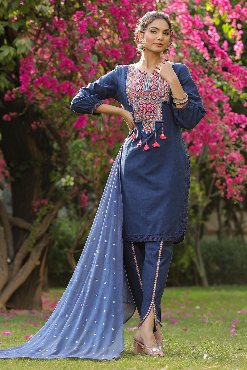 Navy Blue Embroidered Cotton Suit Set