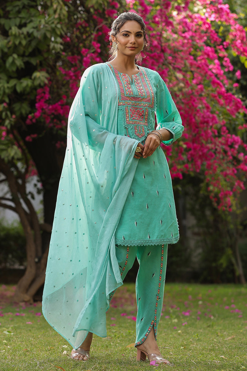 Turquoise Embroidered Cotton Suit Set