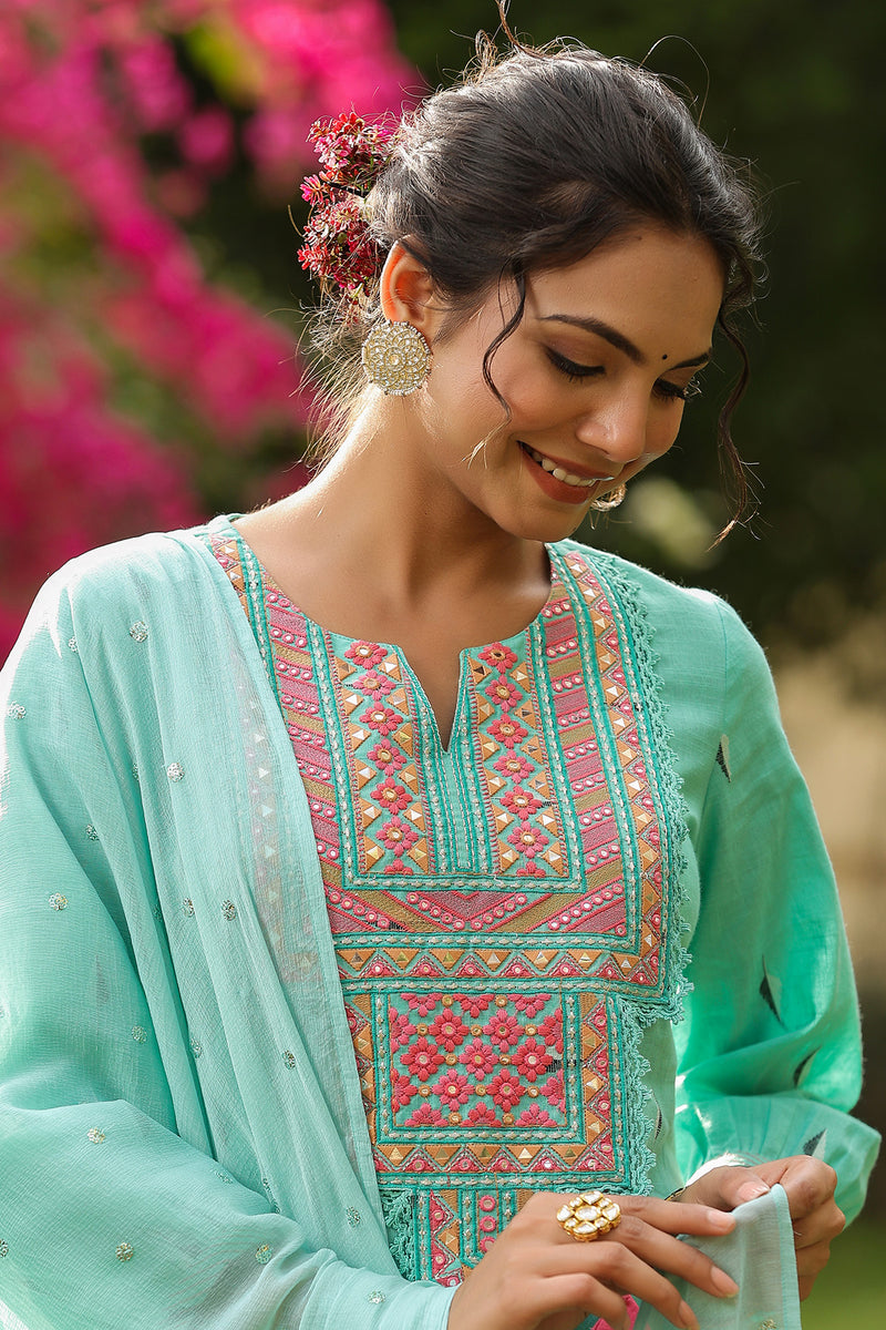Turquoise Embroidered Cotton Suit Set