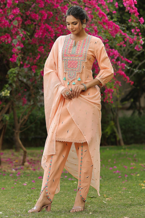 Peach Embroidered Cotton Suit Set