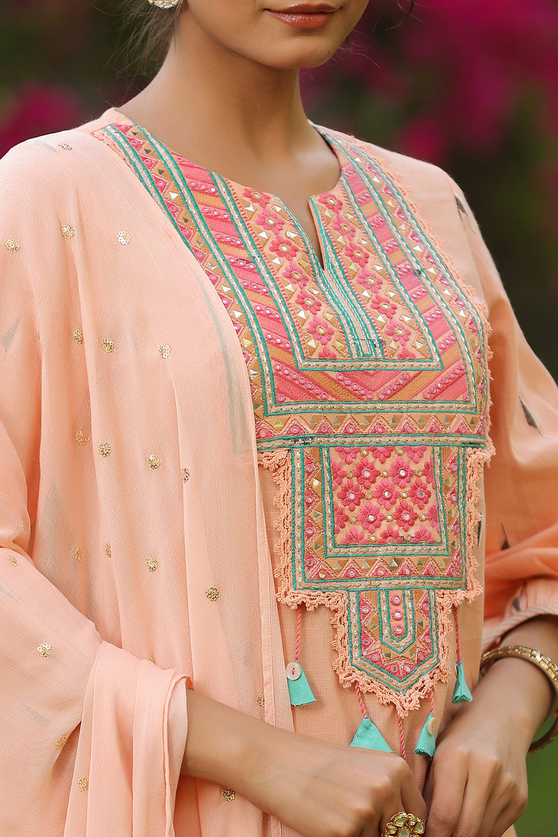 Peach Embroidered Cotton Suit Set