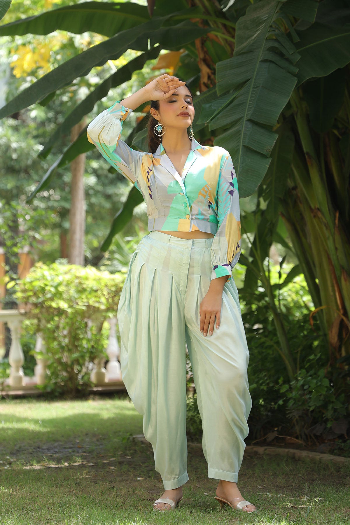 Green Multicolor Crop Top And Dhoti Set