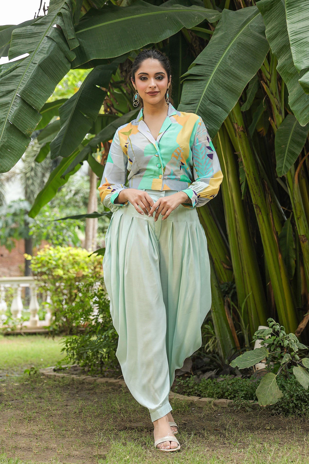 Green Multicolor Crop Top And Dhoti Set