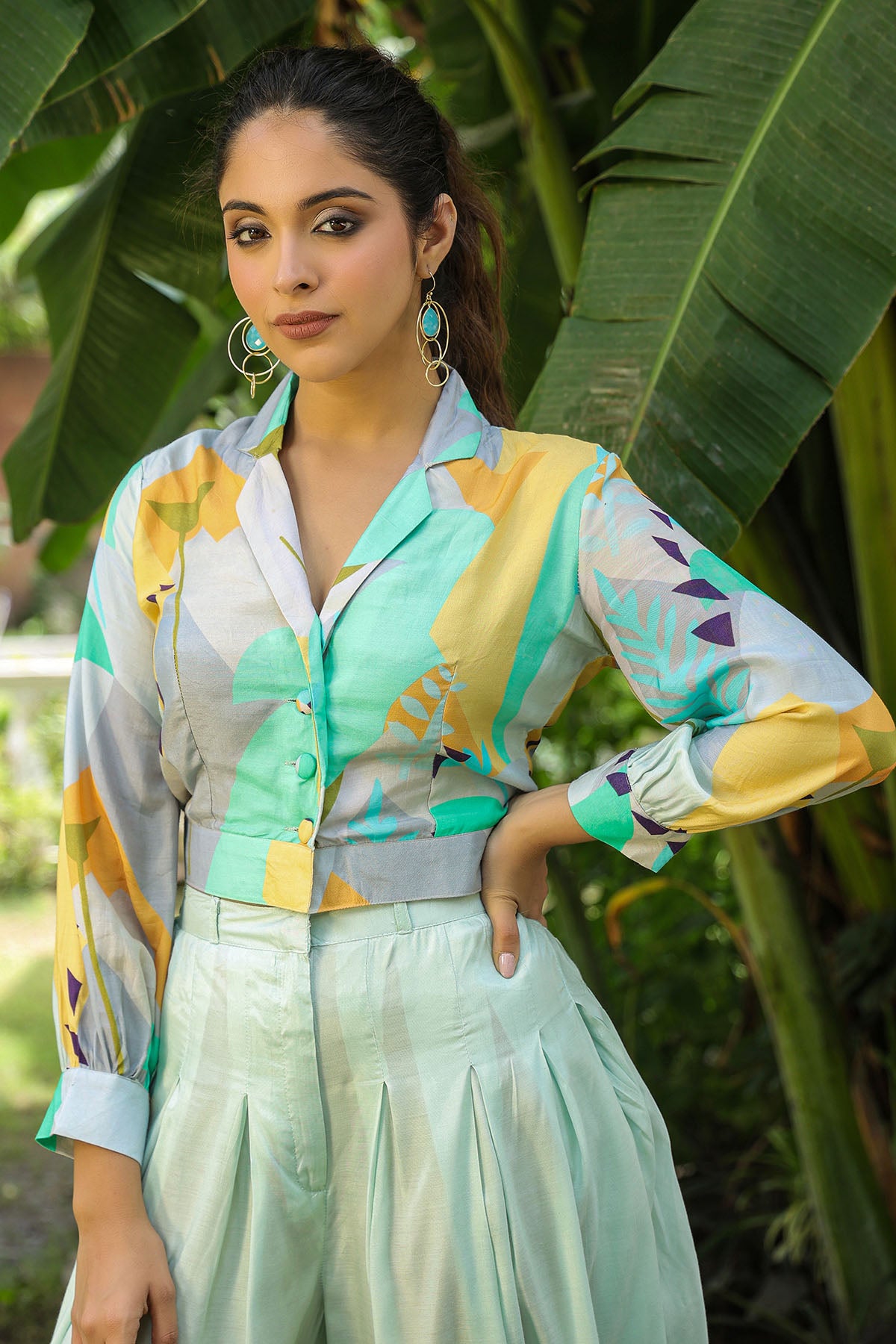 Green Multicolor Crop Top And Dhoti Set