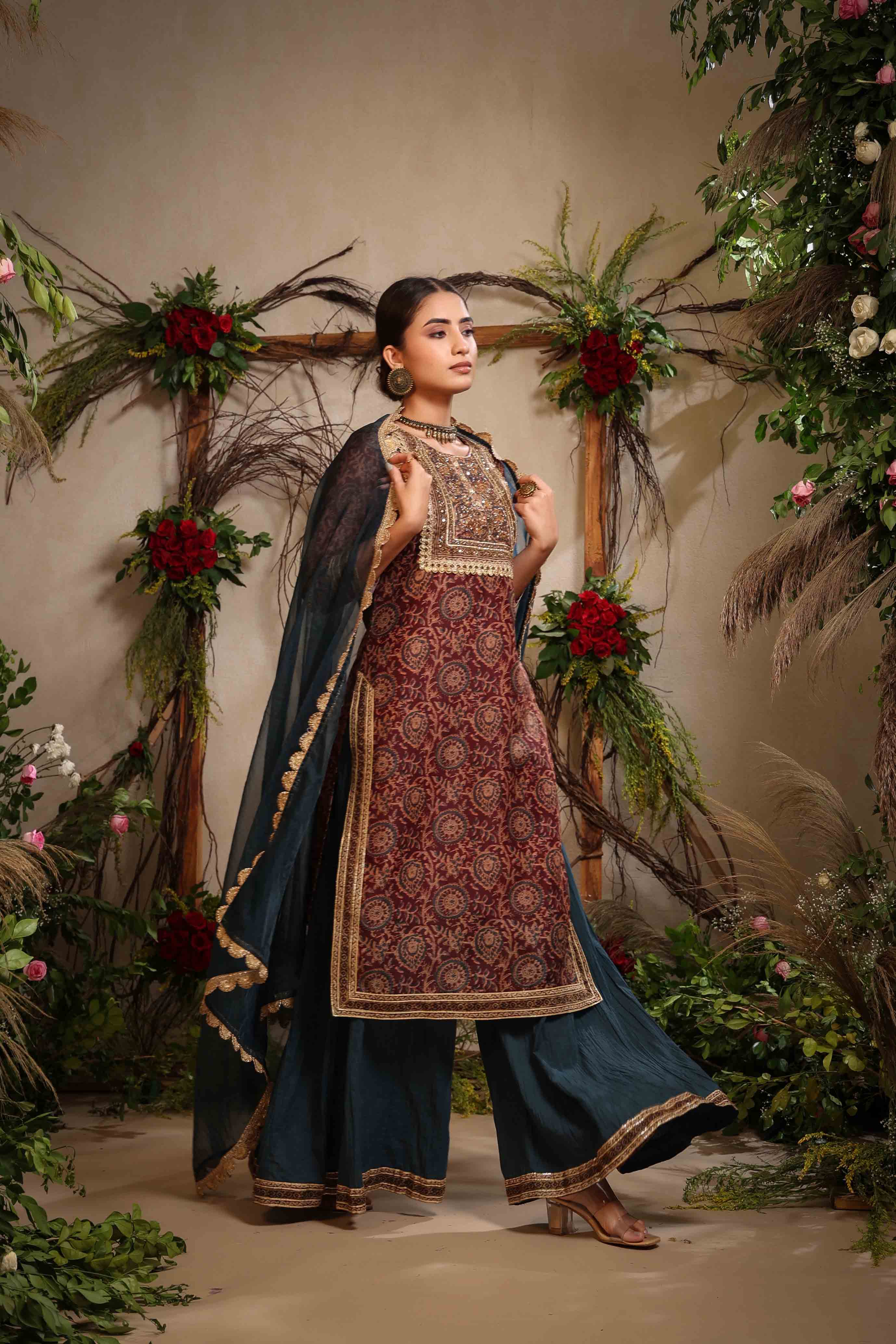 Brown Chanderi Handwork Sharara Set