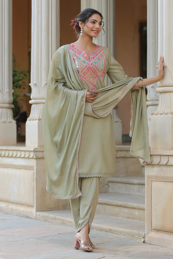 Powder Green Embroidered Cotton Suit Set