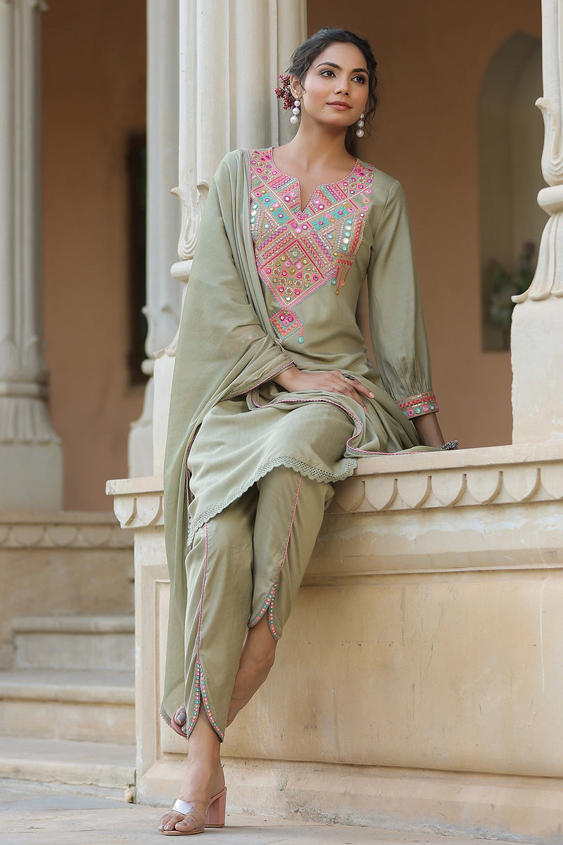 Powder Green Embroidered Cotton Suit Set