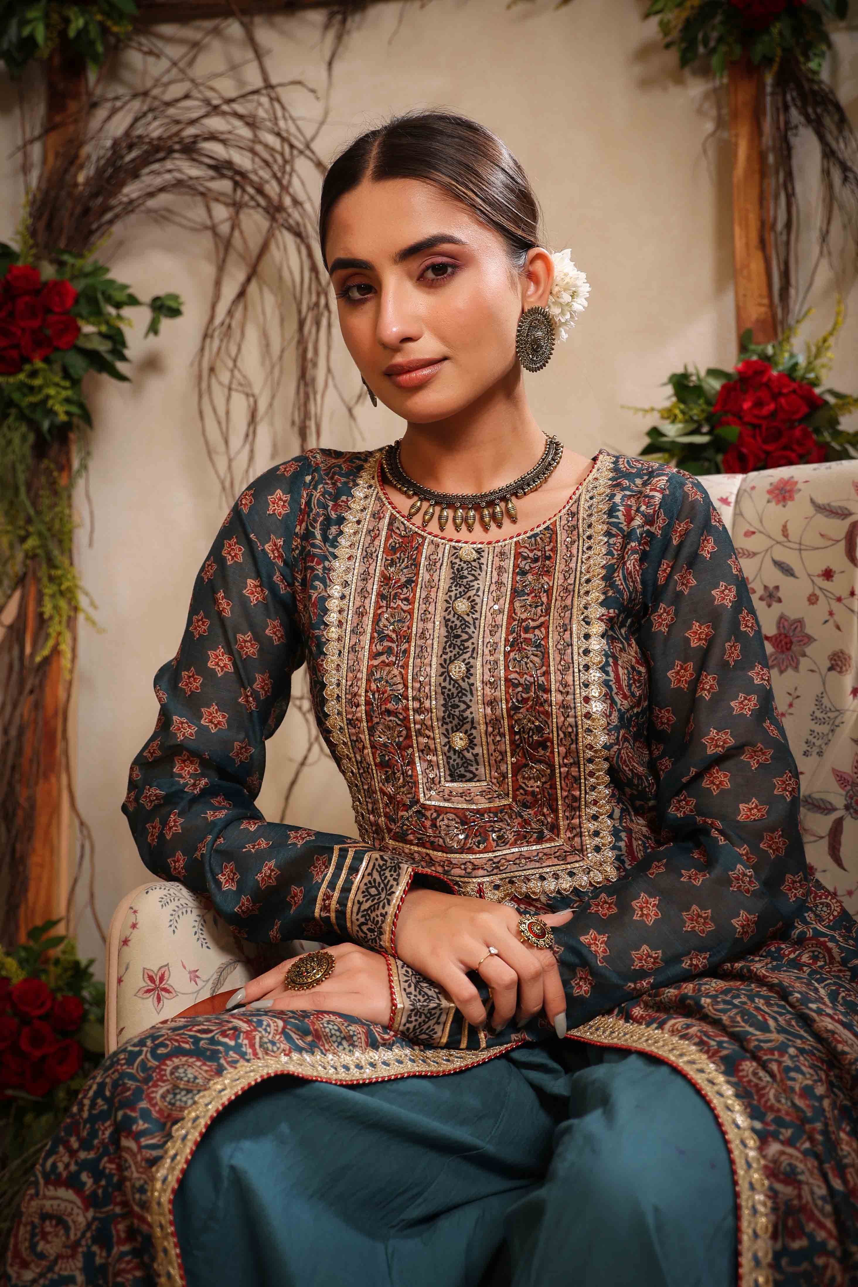 Navy Chanderi Handwork Sharara Set