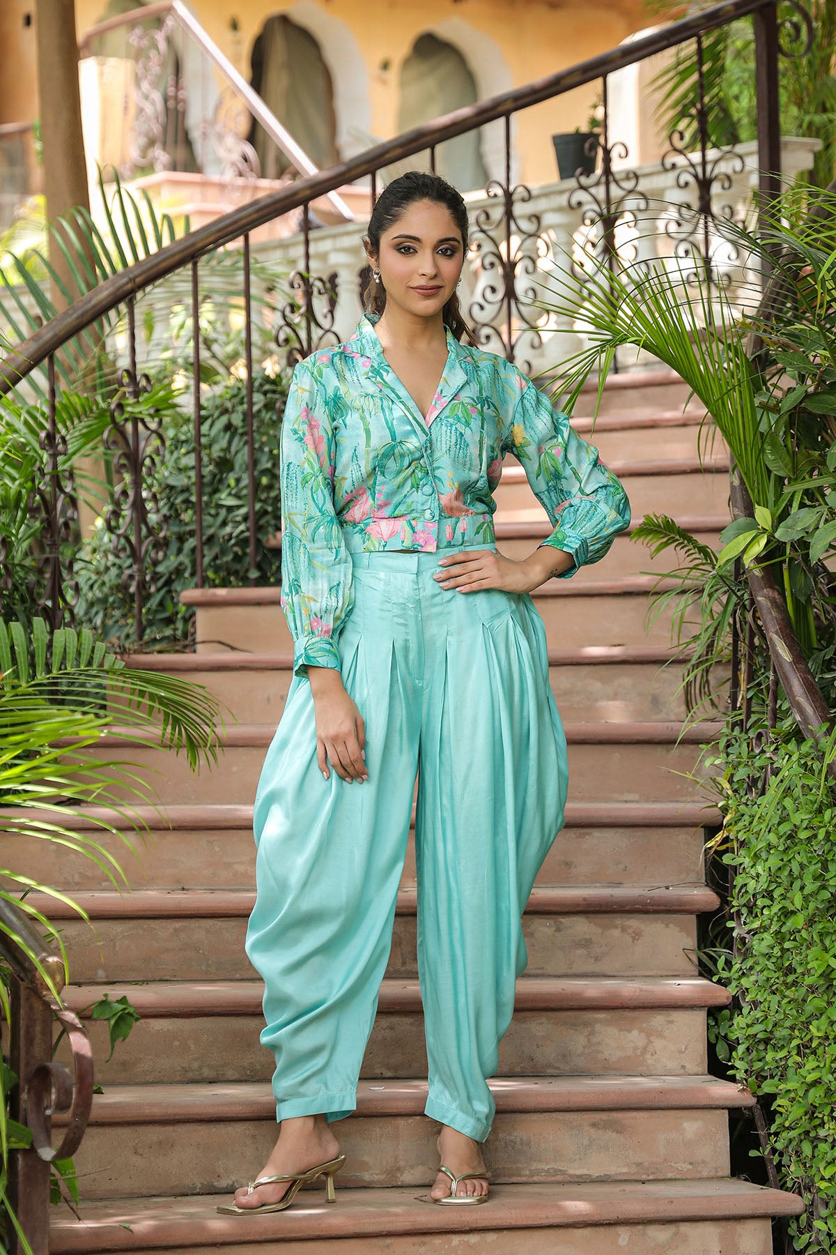 Sea Green Muslin Crop Top And Dhoti Set