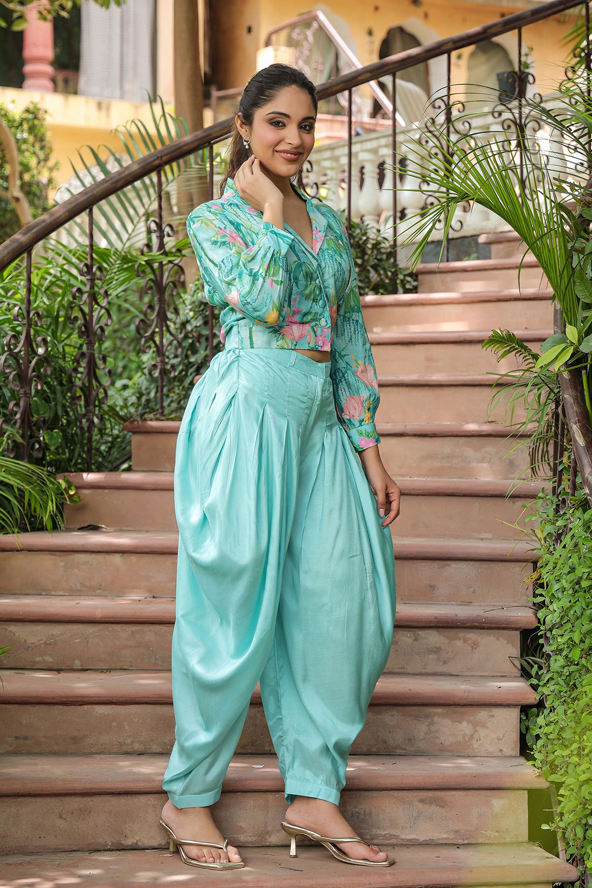 Sea Green Muslin Crop Top And Dhoti Set