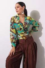 Green Muslin Printed Fusion Co Ord Set