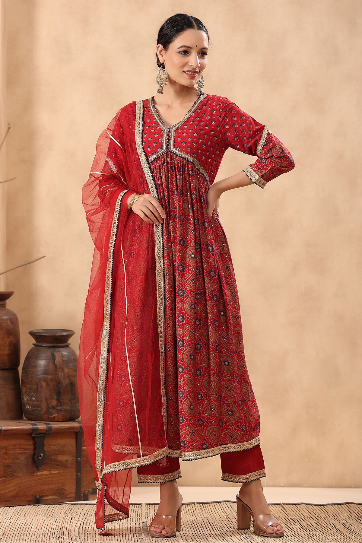 Red Muslin Handwork Suit Set