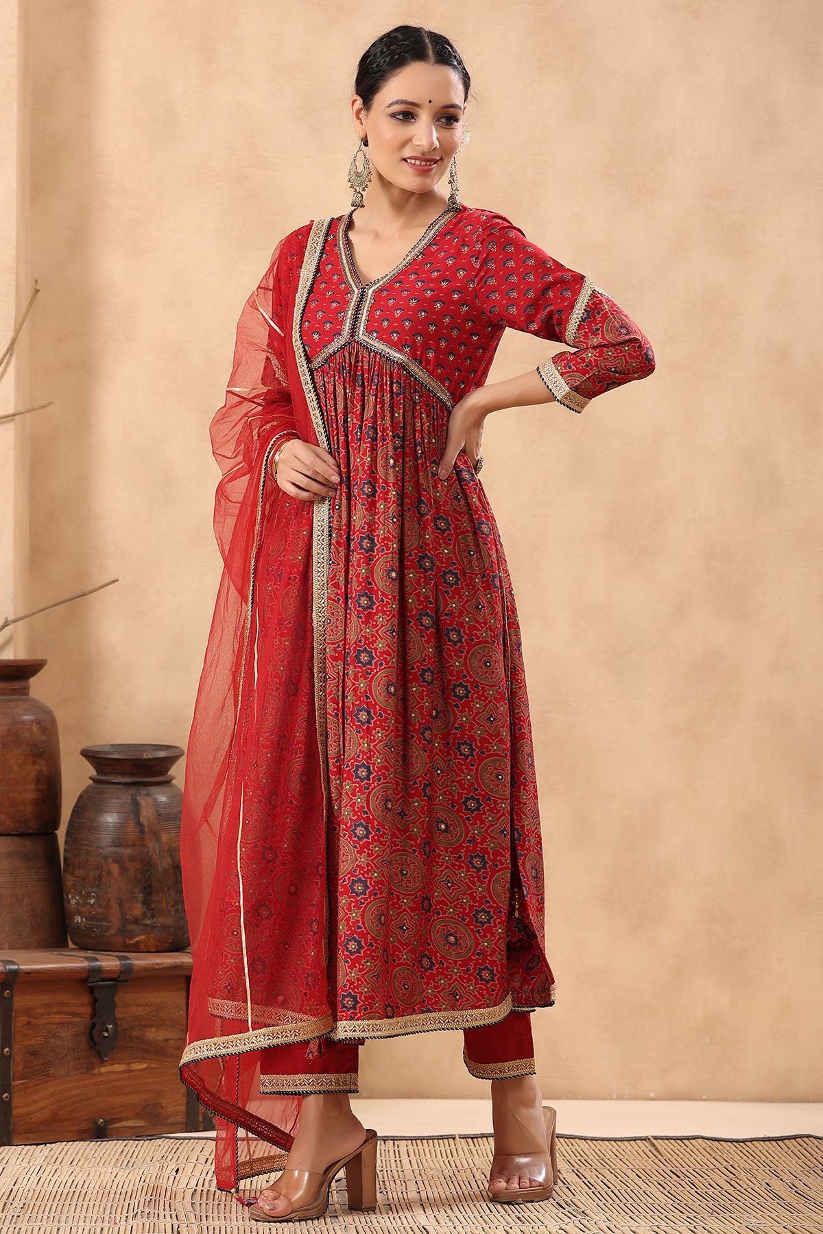 Red Muslin Handwork Suit Set