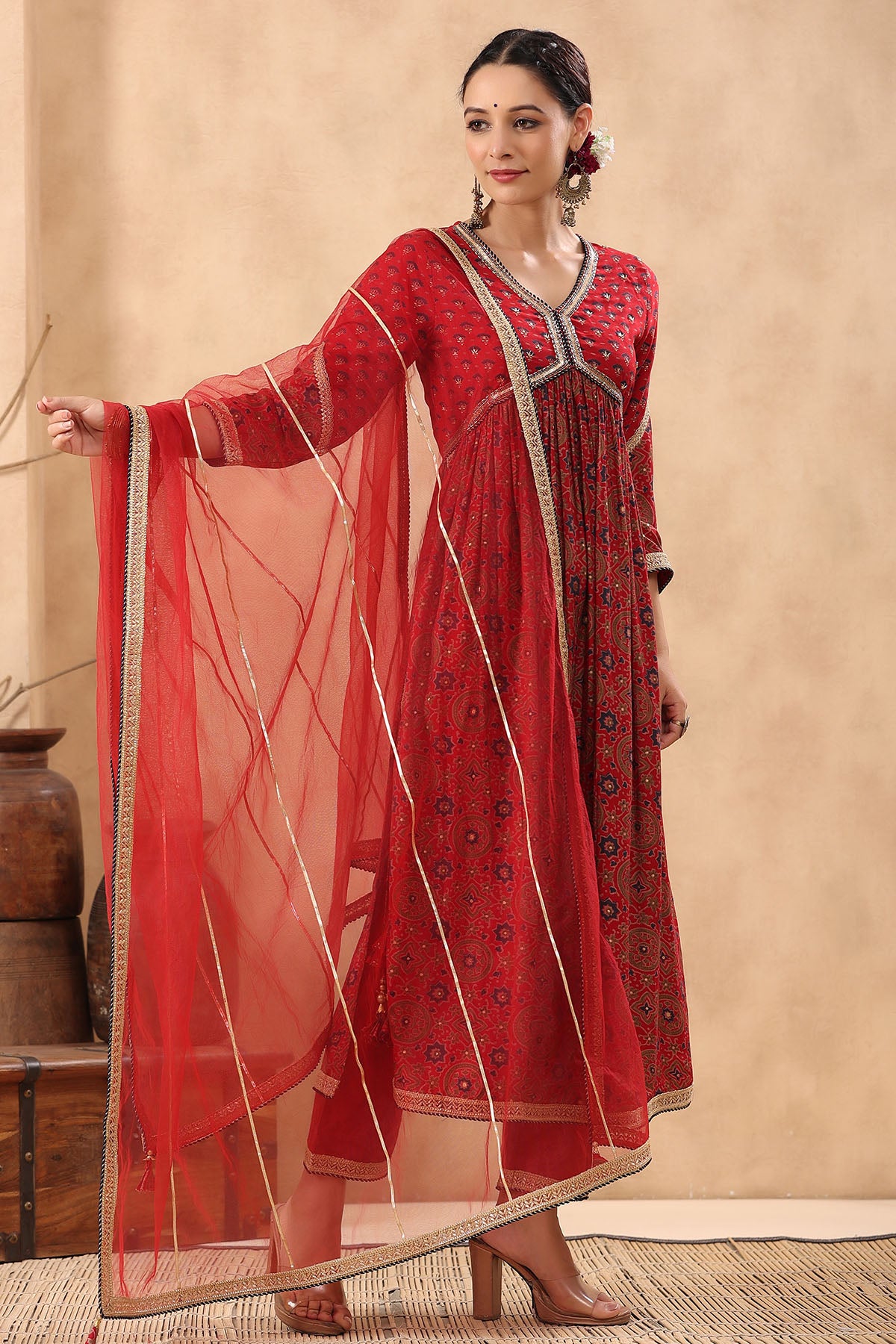 Red Muslin Handwork Suit Set
