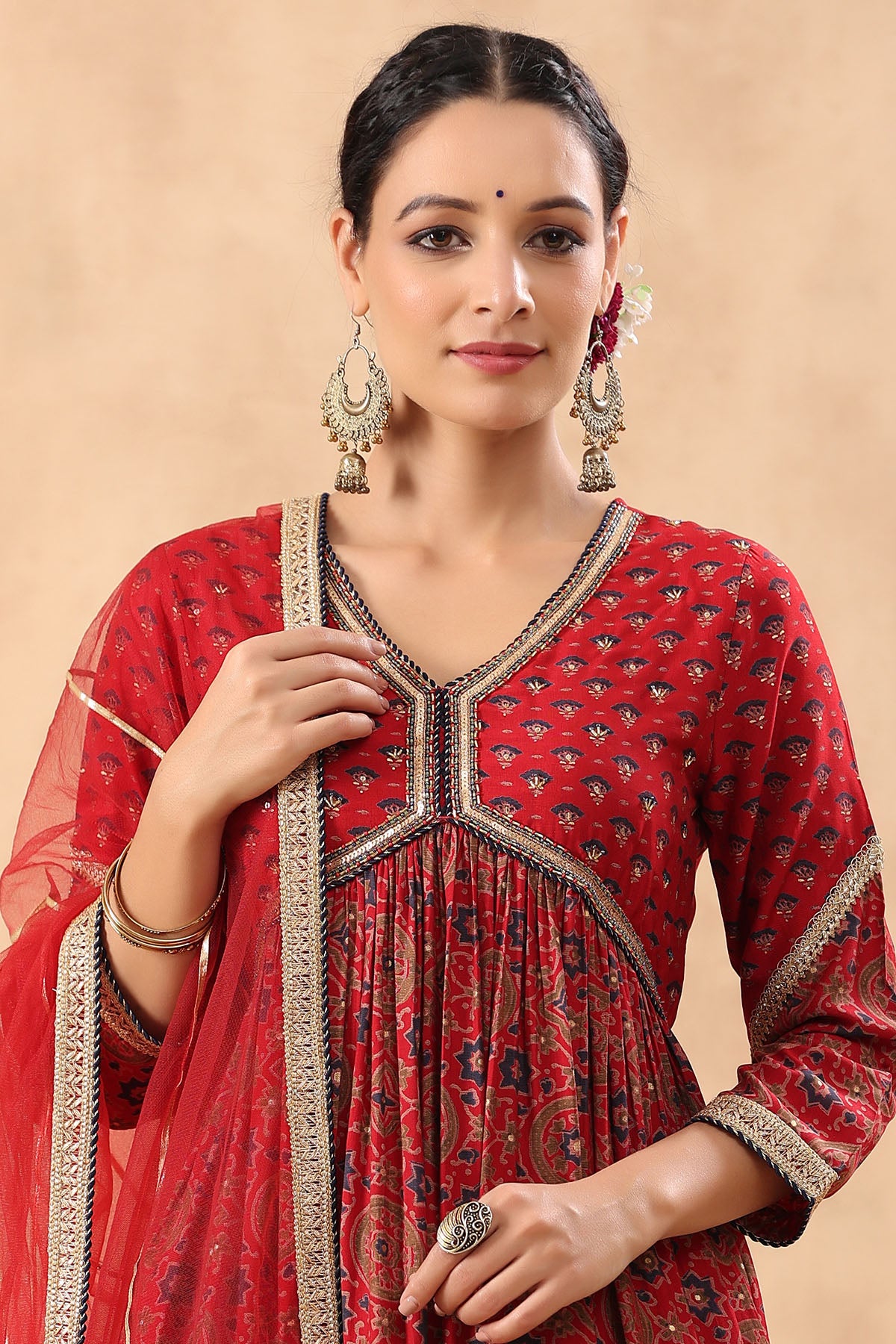 Red Muslin Handwork Suit Set