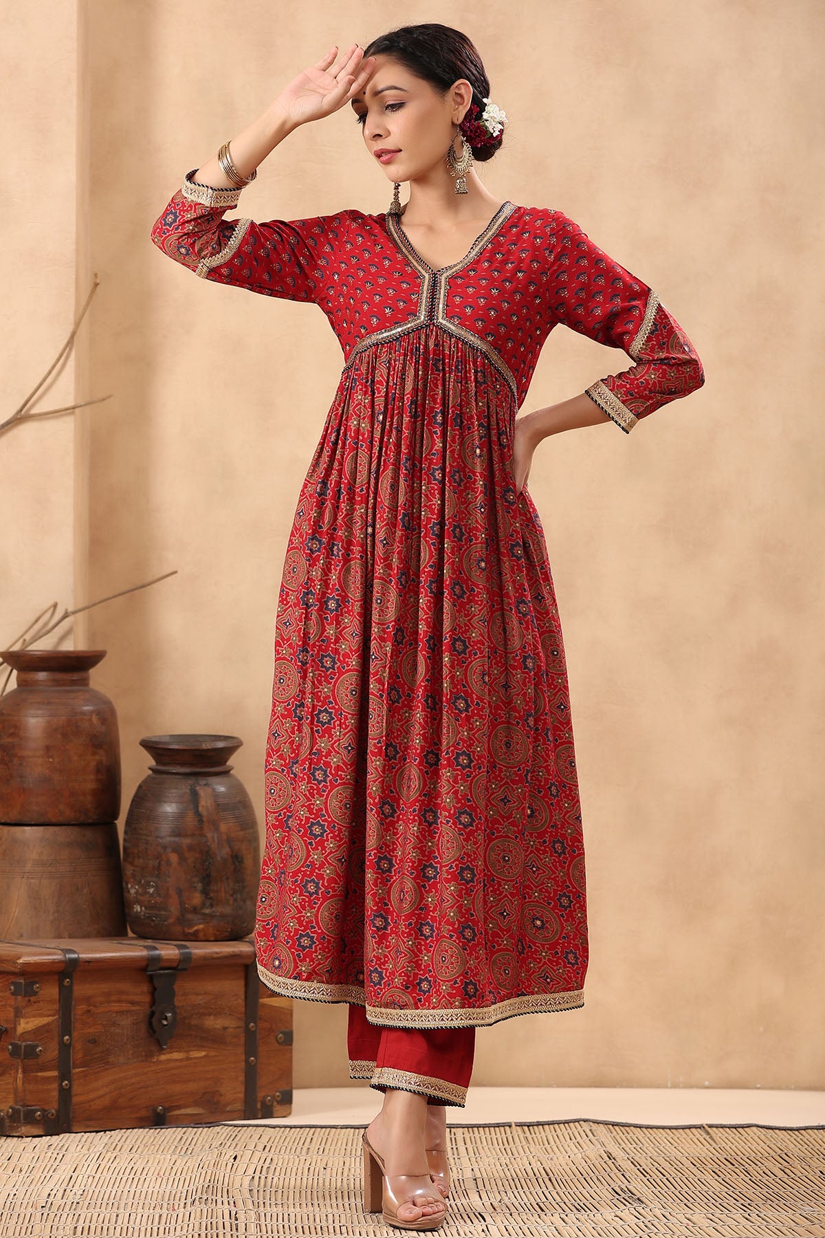 Red Muslin Handwork Suit Set