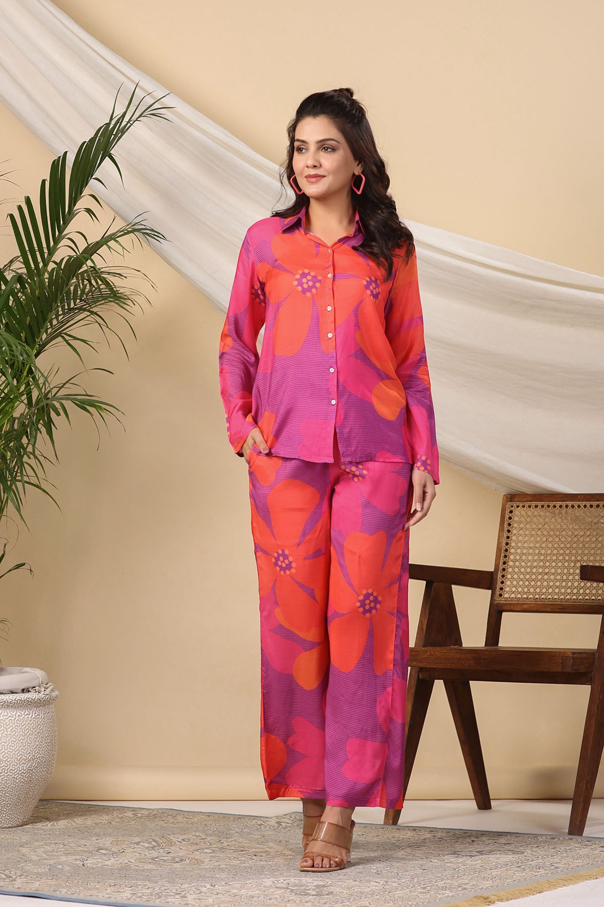 Red Multicolour Muslin Printed Co-ord Set