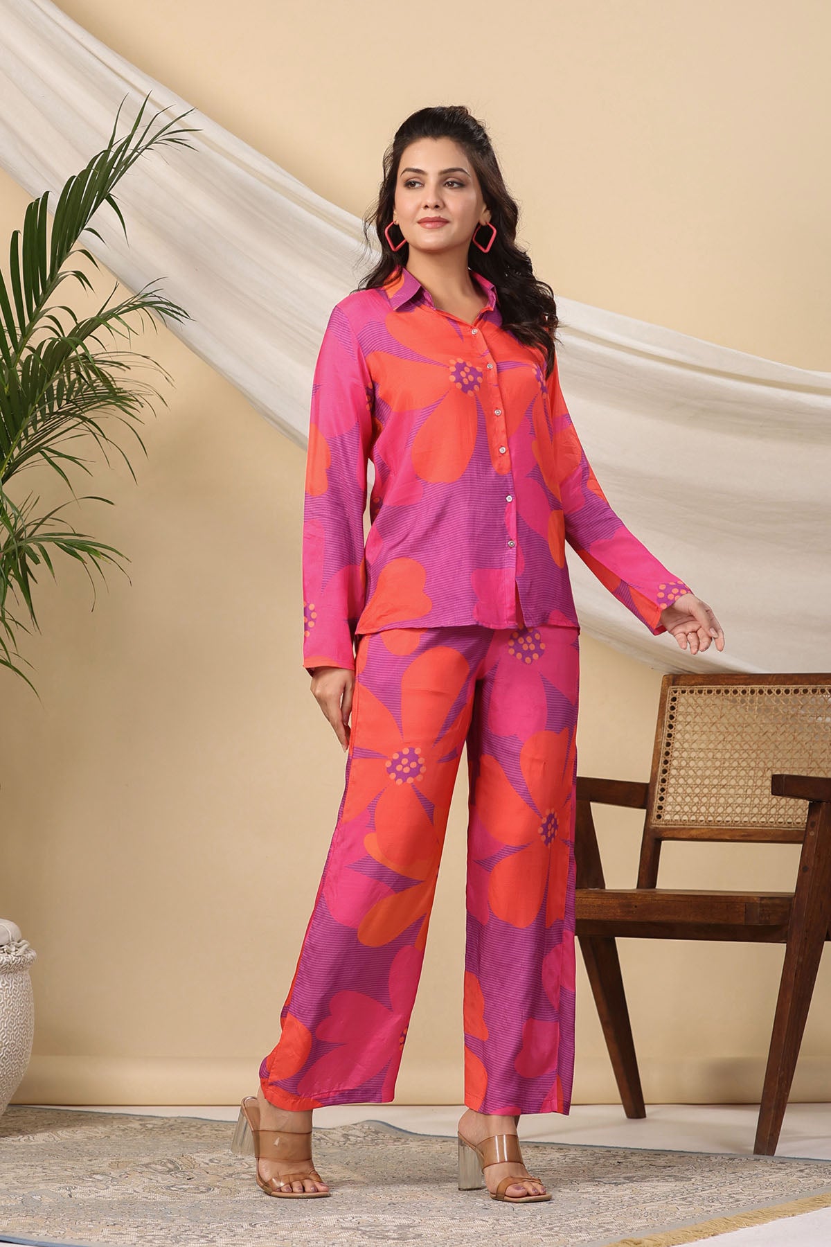 Red Multicolour Muslin Printed Co-ord Set
