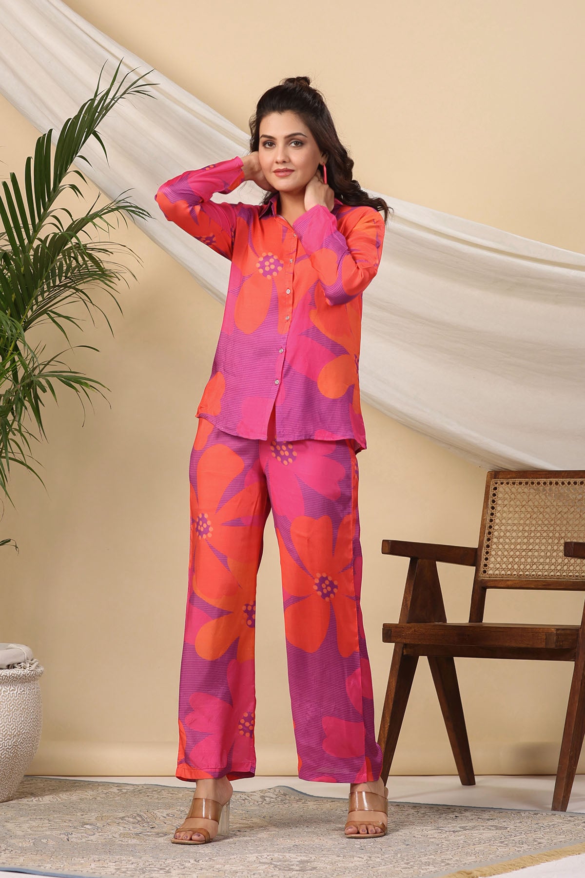 Red Multicolour Muslin Printed Co-ord Set