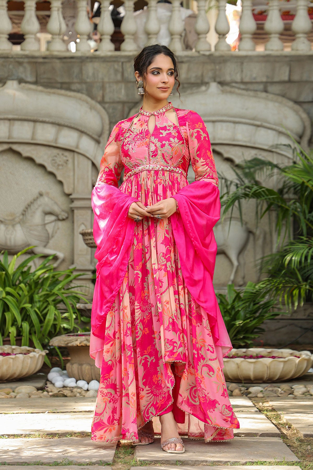 Pink Floral Chinon Handwork Anarkali Suit