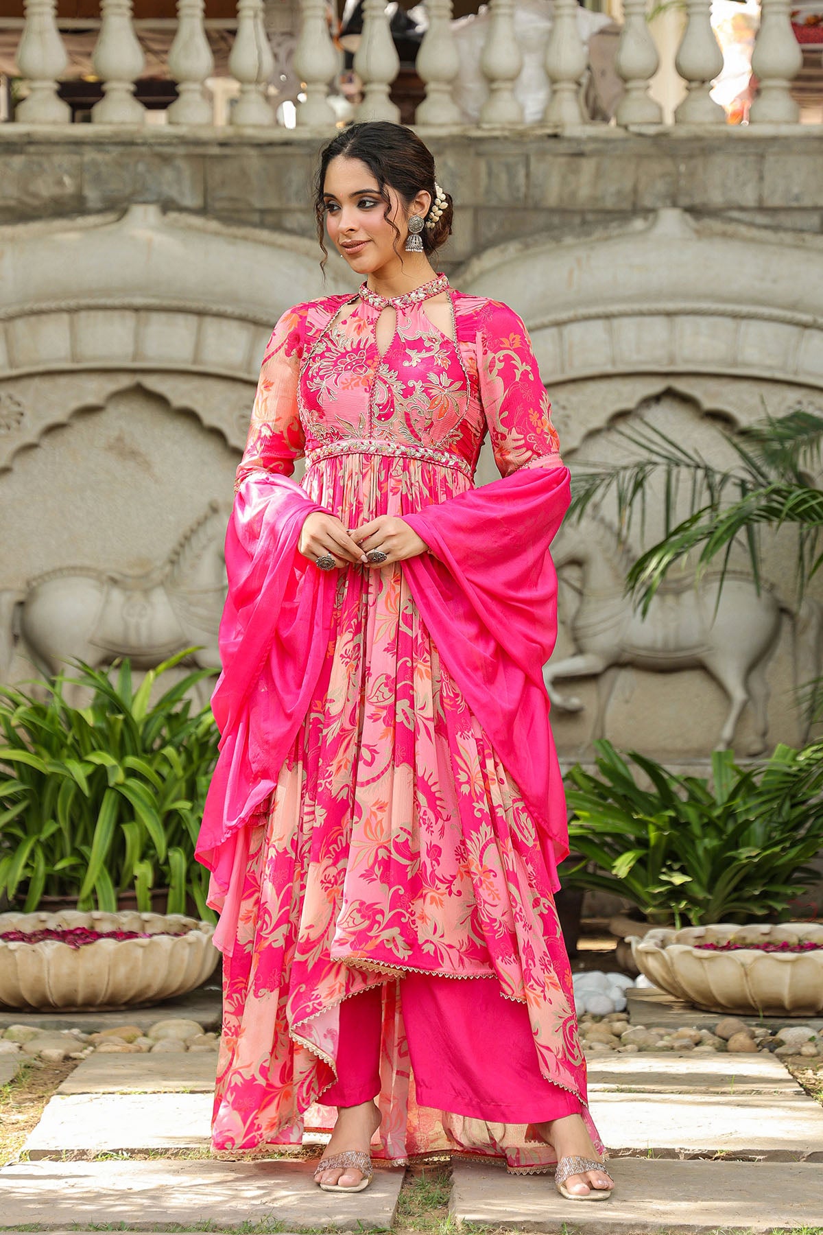 Pink Floral Chinon Handwork Anarkali Suit