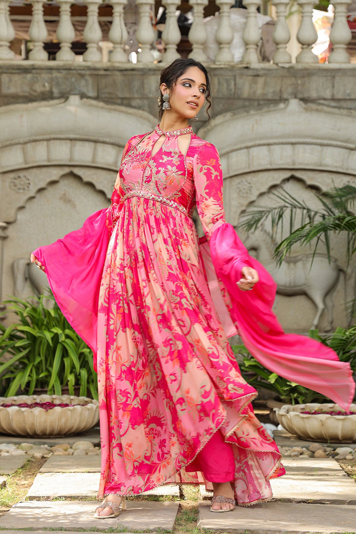Pink Floral Chinon Handwork Anarkali Suit