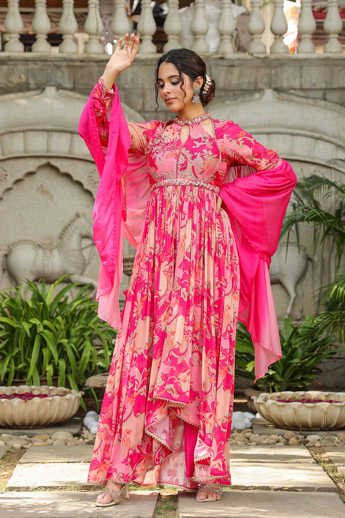 Pink Floral Chinon Handwork Anarkali Suit