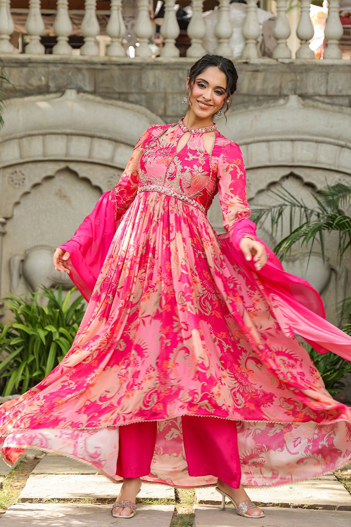 Pink Floral Chinon Handwork Anarkali Suit