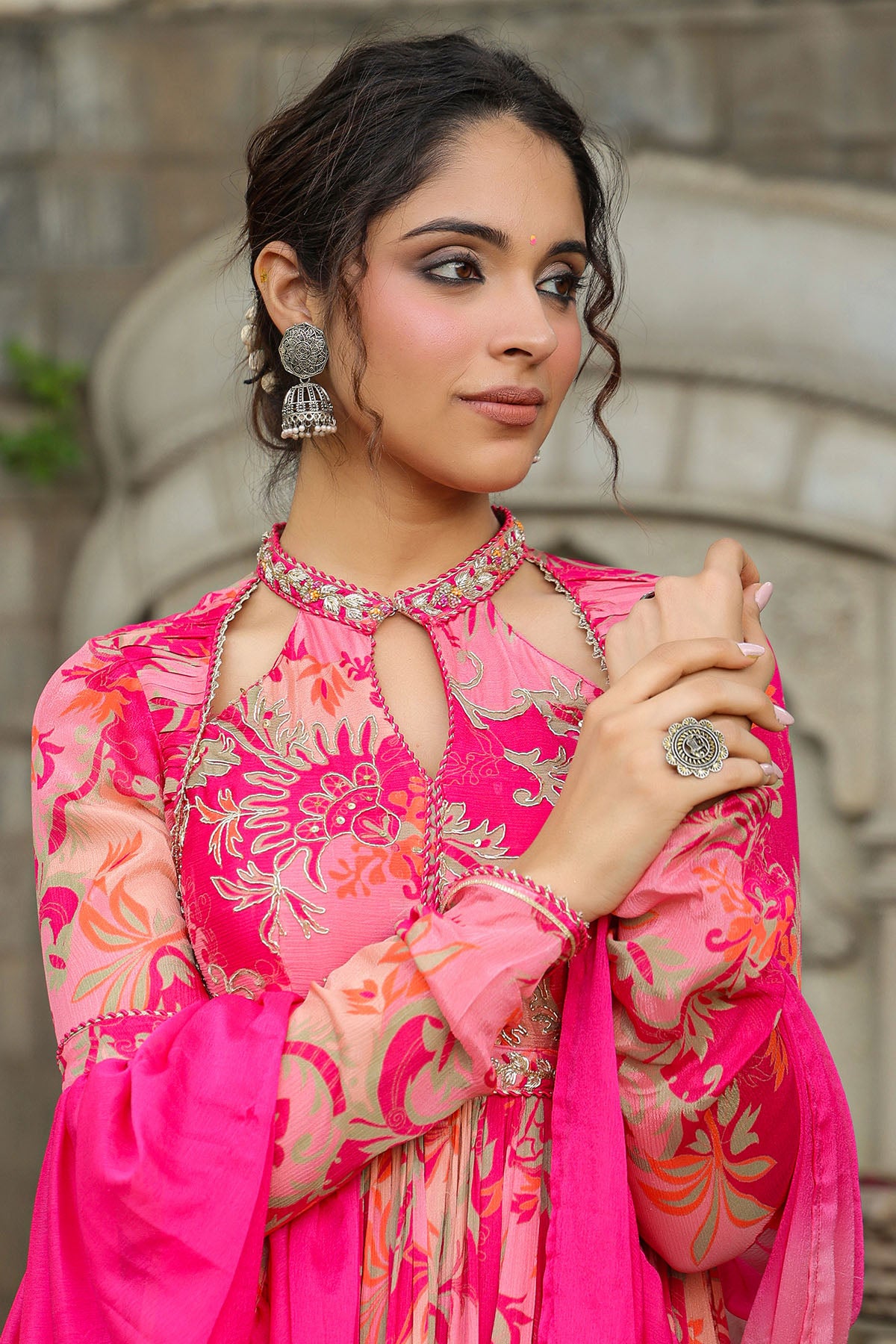 Pink Floral Chinon Handwork Anarkali Suit