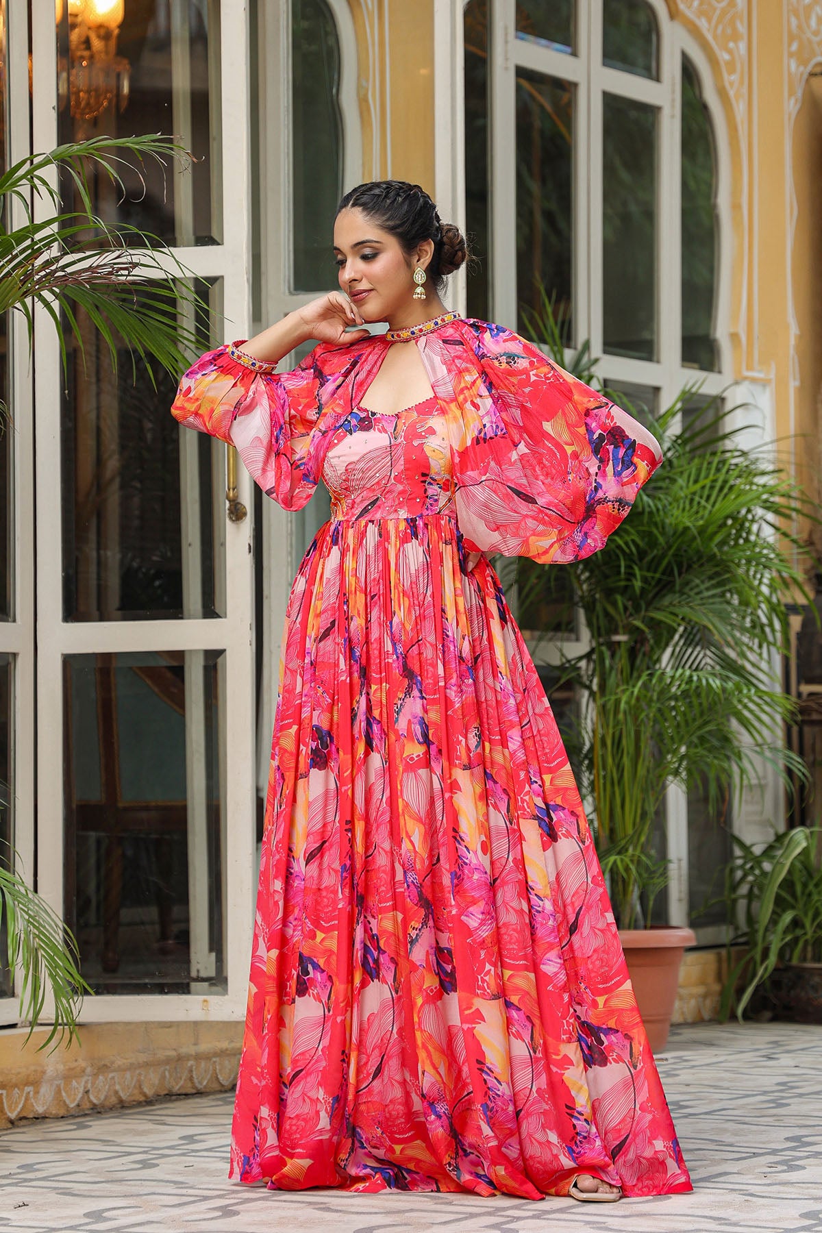 Pink Multicolour Chinon Handwork Gown Set