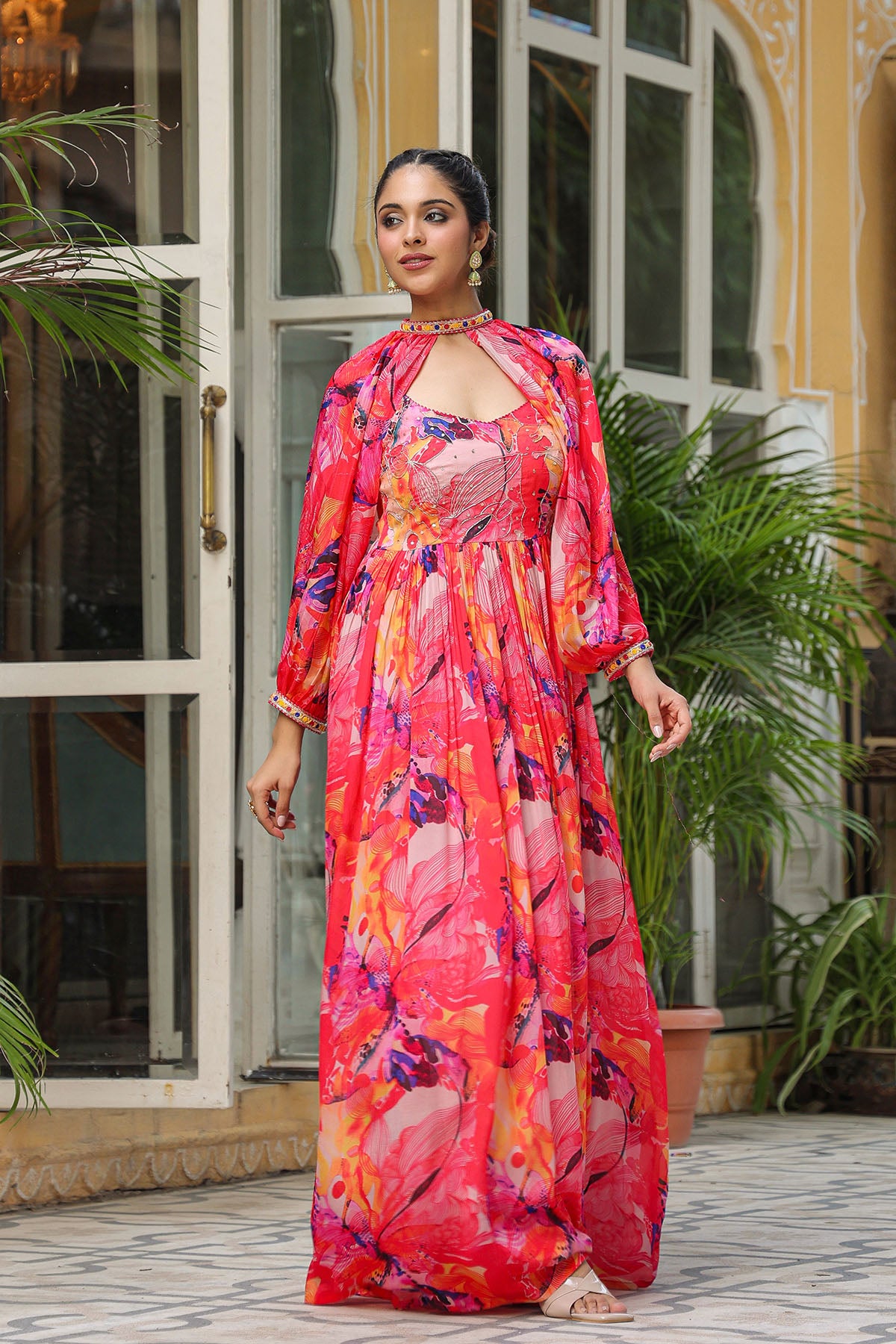 Pink Multicolour Chinon Handwork Gown Set