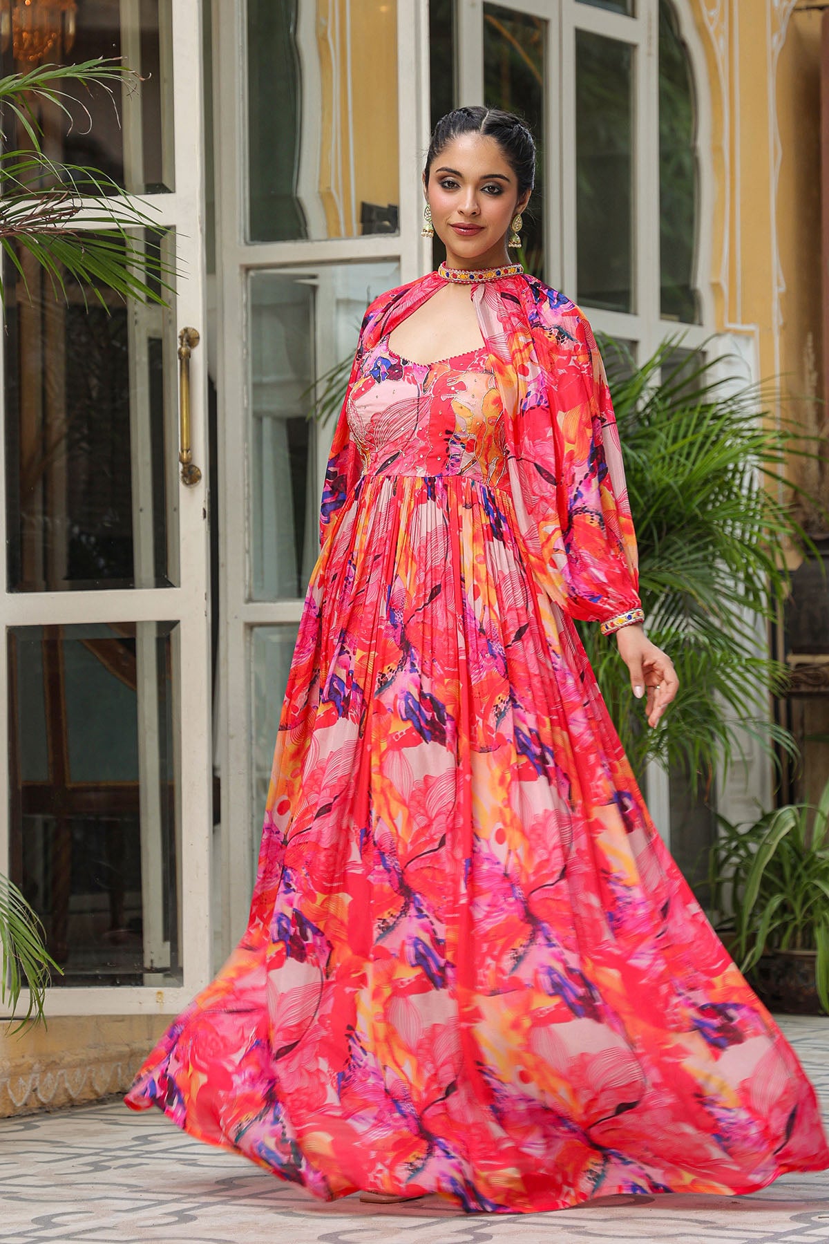 Pink Multicolour Chinon Handwork Gown Set